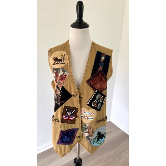 Vintage Jackets & Blazers - Cambridge Dry Goods Western Vest Open Front Patchwork Quilted Medium M